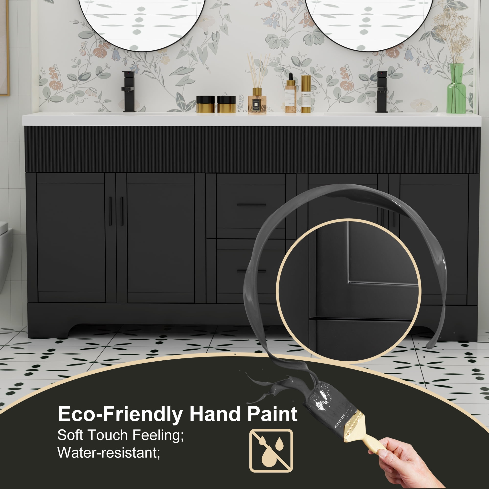 72" Freestanding Double Sink Bathroom Vanity Cabinet Base Only, Hand-Painted, Sink Not Included