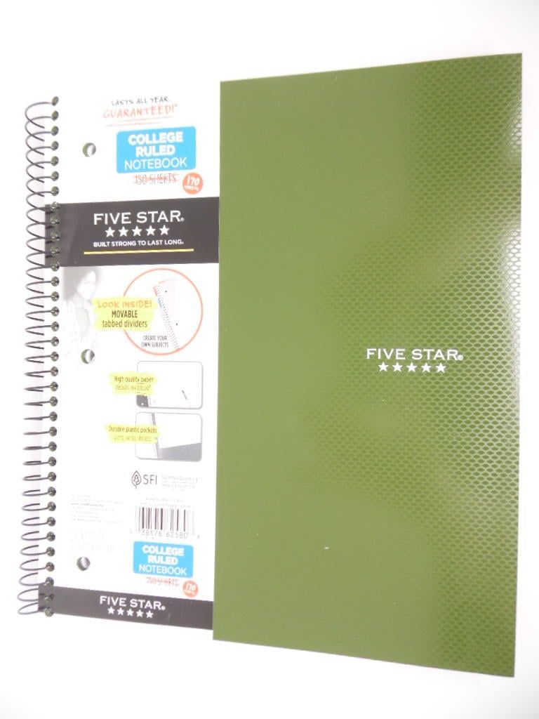 Five Star Spiral Notebook 3 Subject College Ruled Feature Rich 170 Sheets Olive