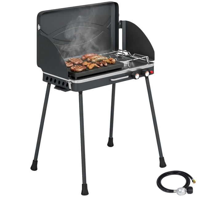 Outsunny 2-in-1 Camping Stove & Gas Griddle Combo, 20,000 BTU Grill, Black