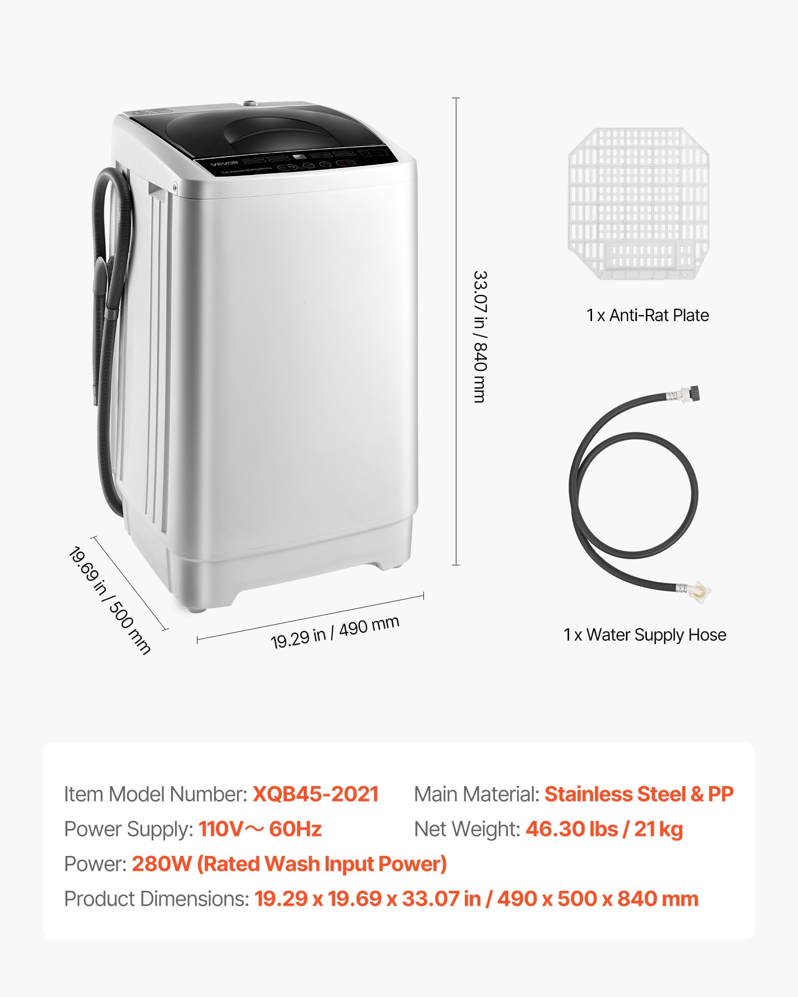 VEVOR Portable Washing Machine, Portable Washing 1.3 Cu.ft with LED Display, Stainless Steel Drum, 8 Wash Programs & 6 Adjustable Water Levels, Portable Washer for Apartments, RVs , and Dorms