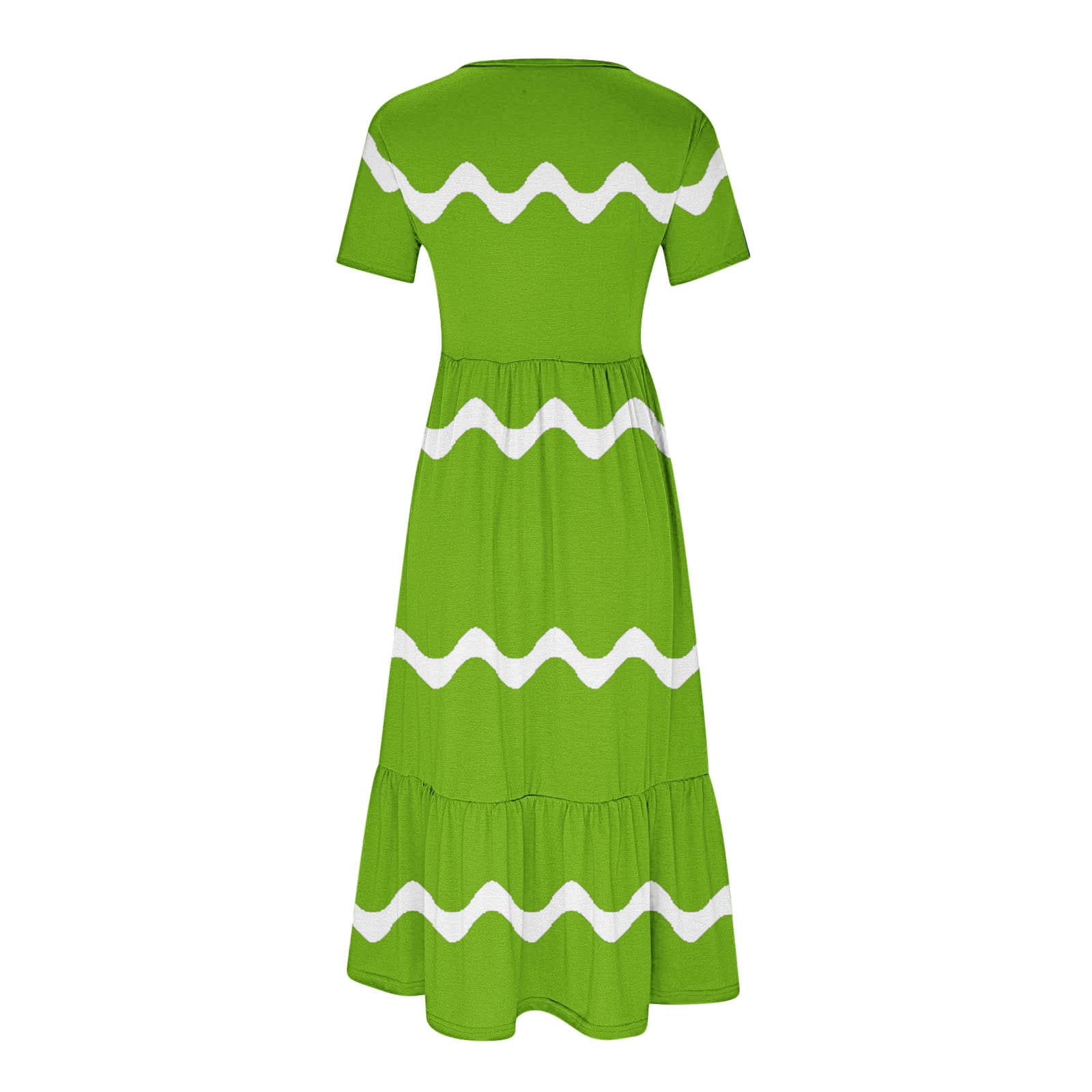 Womens Short Sleeve Mid Long Dress with Pockets Fashion Wave Striped Print Pleated Casual Tiered Maxi T-shirt Dress (XX-Large, Green)