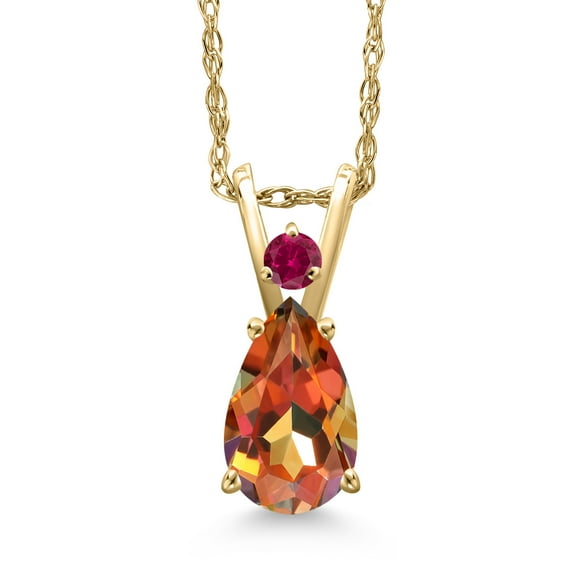Gem Stone King 14K Yellow Gold Ecstasy Mystic Topaz and Red Created Ruby Pendant Necklace for Women | 1.05 Cttw | Gemstone November Birthstone | Pear Shape 8X5MM | With 18 inch Chain