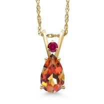 Gem Stone King 14K Yellow Gold Ecstasy Mystic Topaz and Red Created Ruby Pendant Necklace for Women | 1.05 Cttw | Gemstone November Birthstone | Pear Shape 8X5MM | With 18 inch Chain