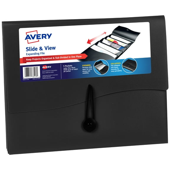 Avery Slide & View Expanding File Folder, 5 Pockets, Black (73517)