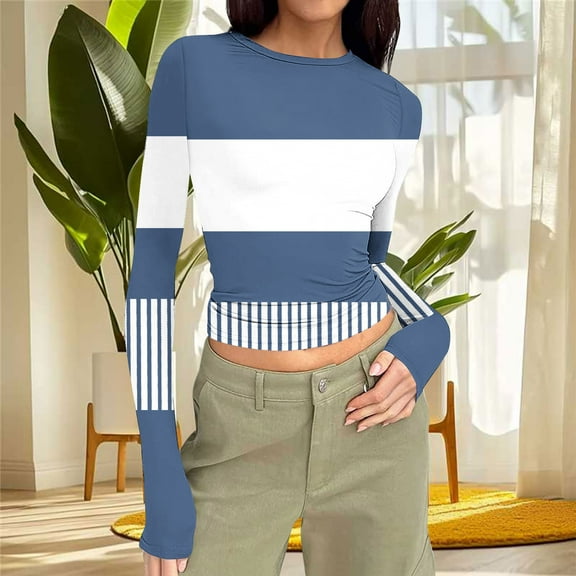 VOONCAS Womens Crop Tops Crew Neck Print Long Sleeve Fall Winter Casual Navy Going Out Tops for Women Size 2XL