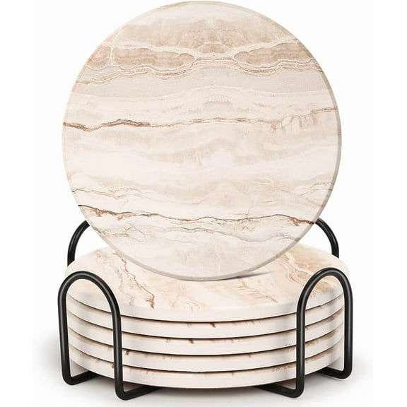 Drink Coasters Set of 6, Absorbent Coaster for Coffee Table Decor, Marble Style Ceramic Coaster for Home Decor, 4 Inches