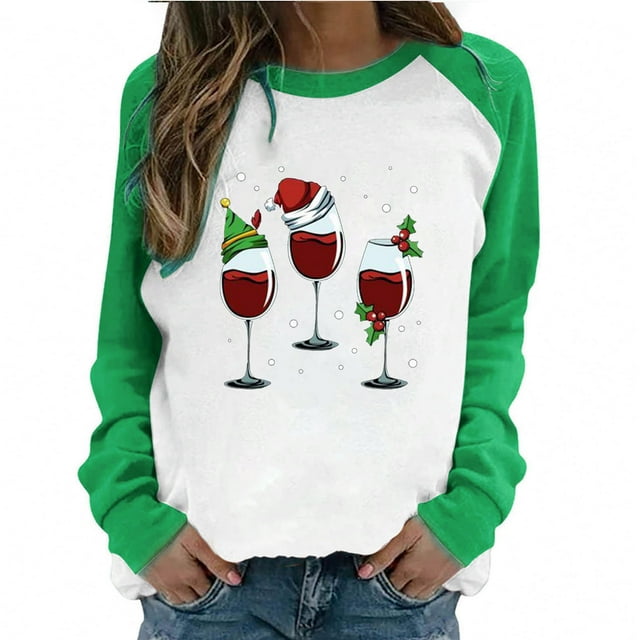 Red Wine Glass Christmas Sweatshirt for Women Raglan Long Sleeve Xmas Pullover Tops Color Block Shirt Blouse Tops
