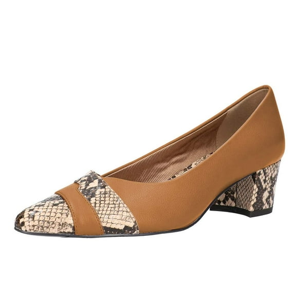 YDN Women Chic Snakeskin Patchwork Pumps Block Chunky Low Heels Pointy Close Toe Slip On Business Fashion Sexy Shoes Size 7 Tawny