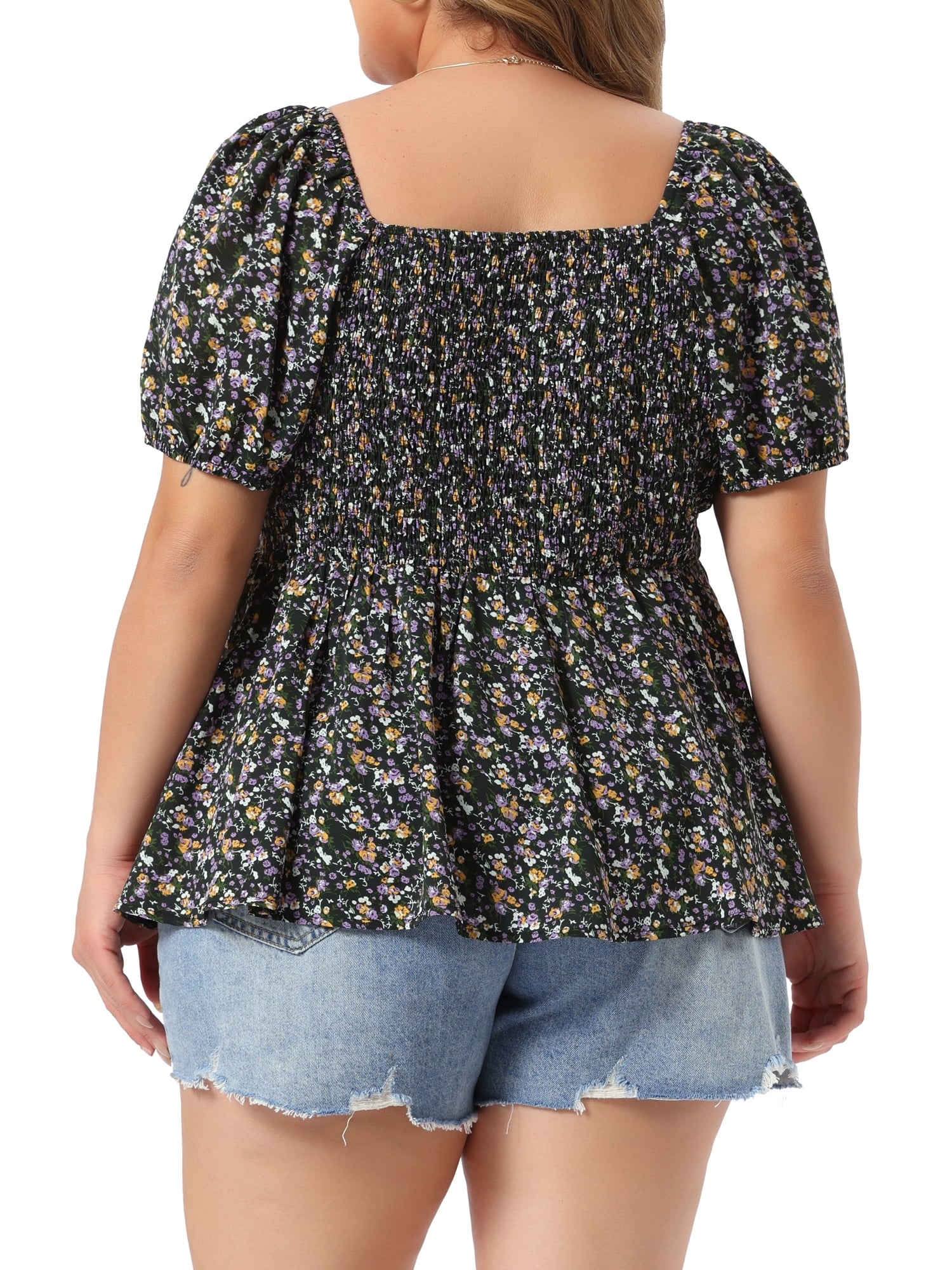 DARING DIVA Women's Plus Sweetheart Neck  Floral Blouse with Ruffle Hem 1X Black