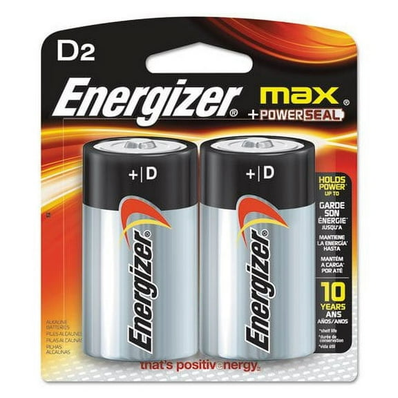 Energizer E95BP2 Max Alkaline Batteries, D, 2 Batteries/Pack
