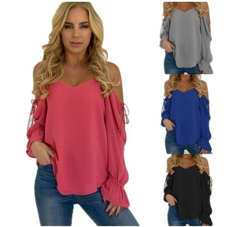 Crochet Spaghetti Strap - Womens Sexy Long Sleeve Spaghetti Strap Cold Shoulder Tops and Blouse
