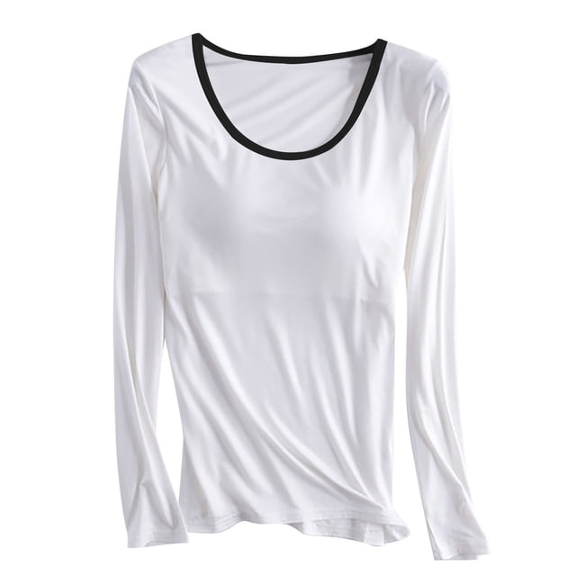 Hauts à Manches Longues Rembourrés pour Femmes avec Soutien-Gorge Intégré Pyjamas Camisole Chemises Tops de Yoga Décontractés Col Rond T-Shirt Manches Longues Blouses en Coton Vêtements de Nuit Blanc TG
