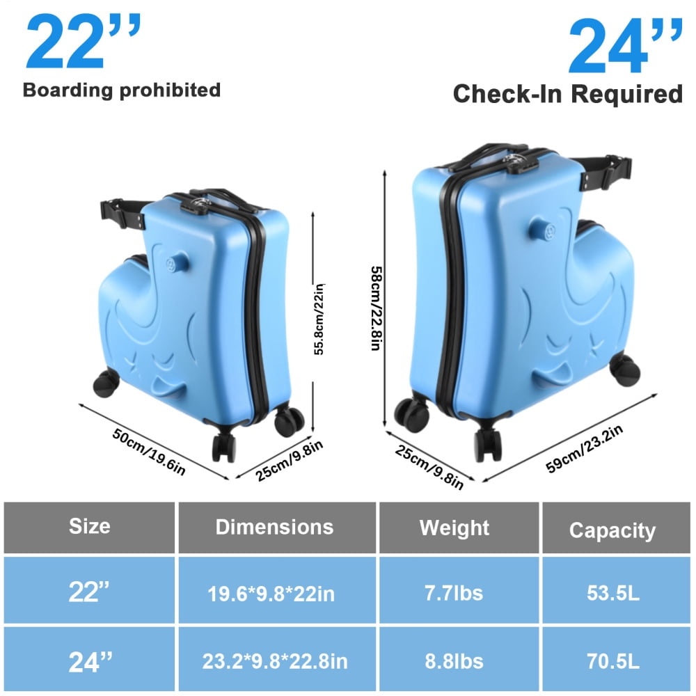Kids Ride on Luggage for Aged 3-12, Toddler Luggage with Seat,Rolling Luggage with Spinner Wheels ,Suitcase Carry Trolley with Password Lock,with Safety Belt, Airplane Travel (Blue)
