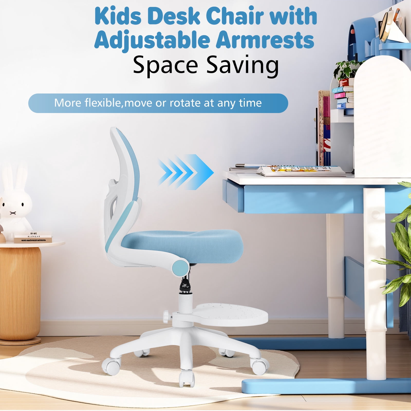 Hoffree Kids Desk Chair with Flipped Arms Wheels Ergonomic Study Chair with Footrest Adjustable Height Rolling Desk Chair for Teens Boys Girls in Study Room Blue