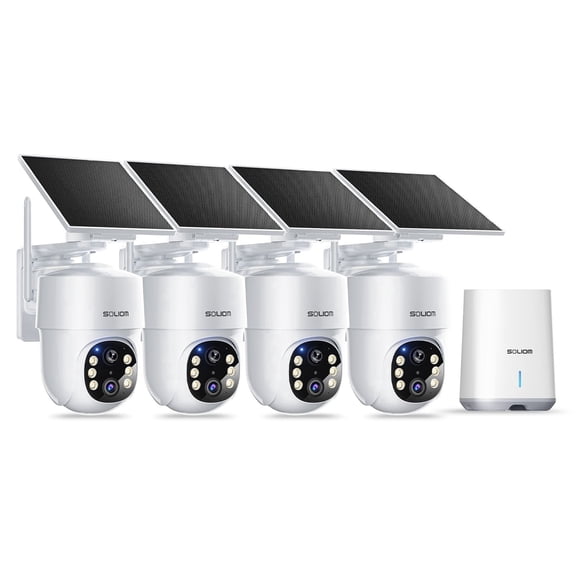 Soliom 5MP Wireless Outdoor Solar Camera (4-Cam Pack), No Subscription, 360° Auto Tracking, Pan & Tilt, 3K Color Night Vision, Compatible with 2.4G/5G Routers.