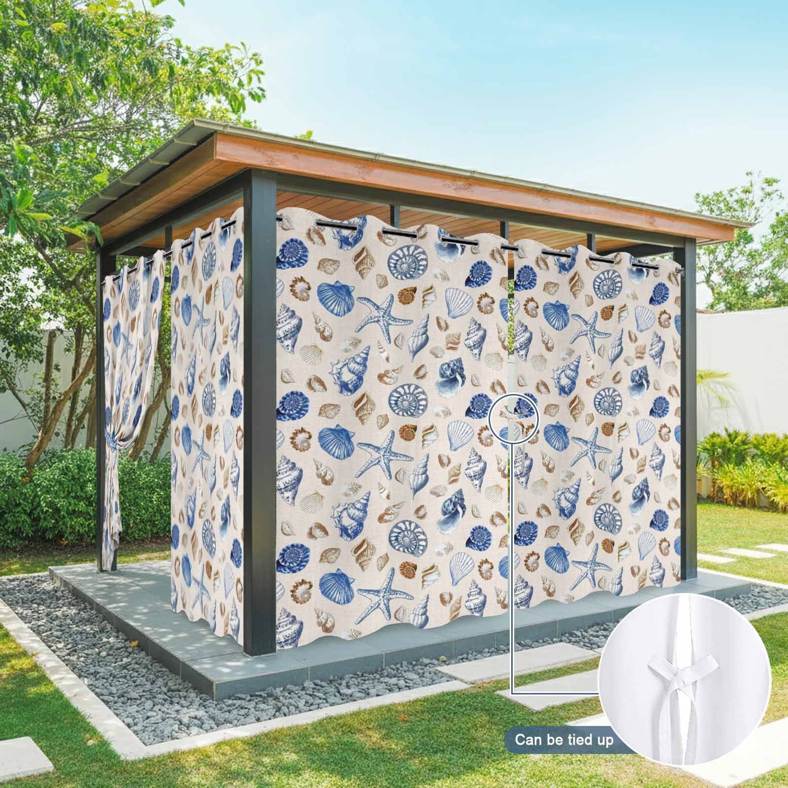Summer Marine Life Outdoor Curtains for Patio, Watercolor Conch Starfish Ocean Shells Vintage Sunshade Privacy Drapes Grommet Waterproof Outside Curtains for Porch/Cabana/Balcony 54"x 108", 1 Panel