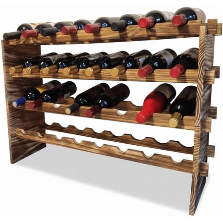32-Bottle 4-Tier Stackable Wine Rack – Freestanding Carbonized Pine Organizer for Home Bar Kitchen Countertop Modular DIY Design