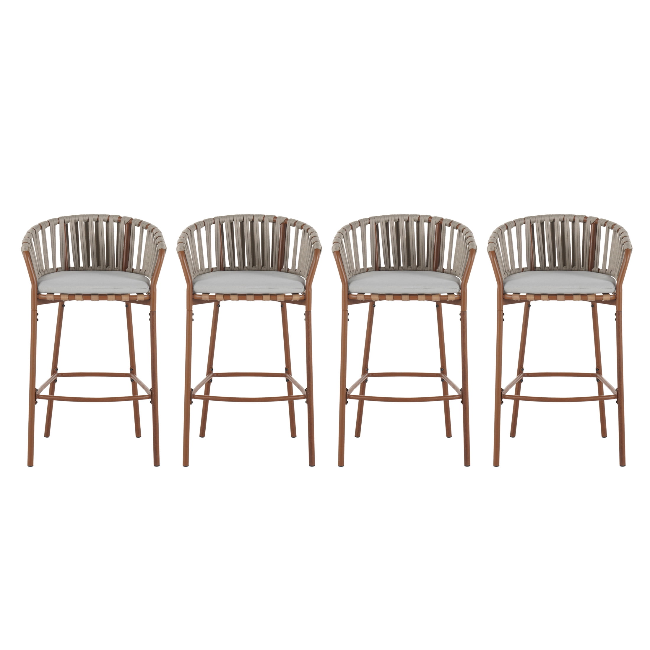 Christopher Knight Home Bohemian Rattan Outdoor Barstools with Fan-Shaped Backrest, Beige Cushions, Set of 4