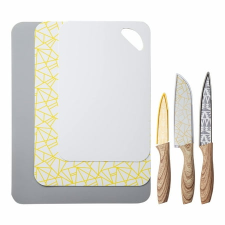 

COOK WITH COLOR 6 Piece Kitchen Knives and Board Set Includes 3 Knives and 3 Cutting Boards Yellow & Grey