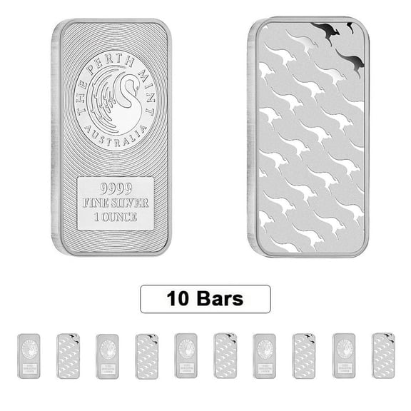 Lot of 10 - 1 oz Australia Perth Mint Silver Kangaroo Bar .9999 Fine