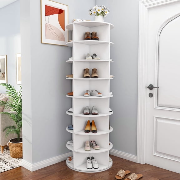 8-Tier 360 ° Rotating Shoe Rack Tower - Free Standing Revolving Organizer Holds 32 Pairs, White