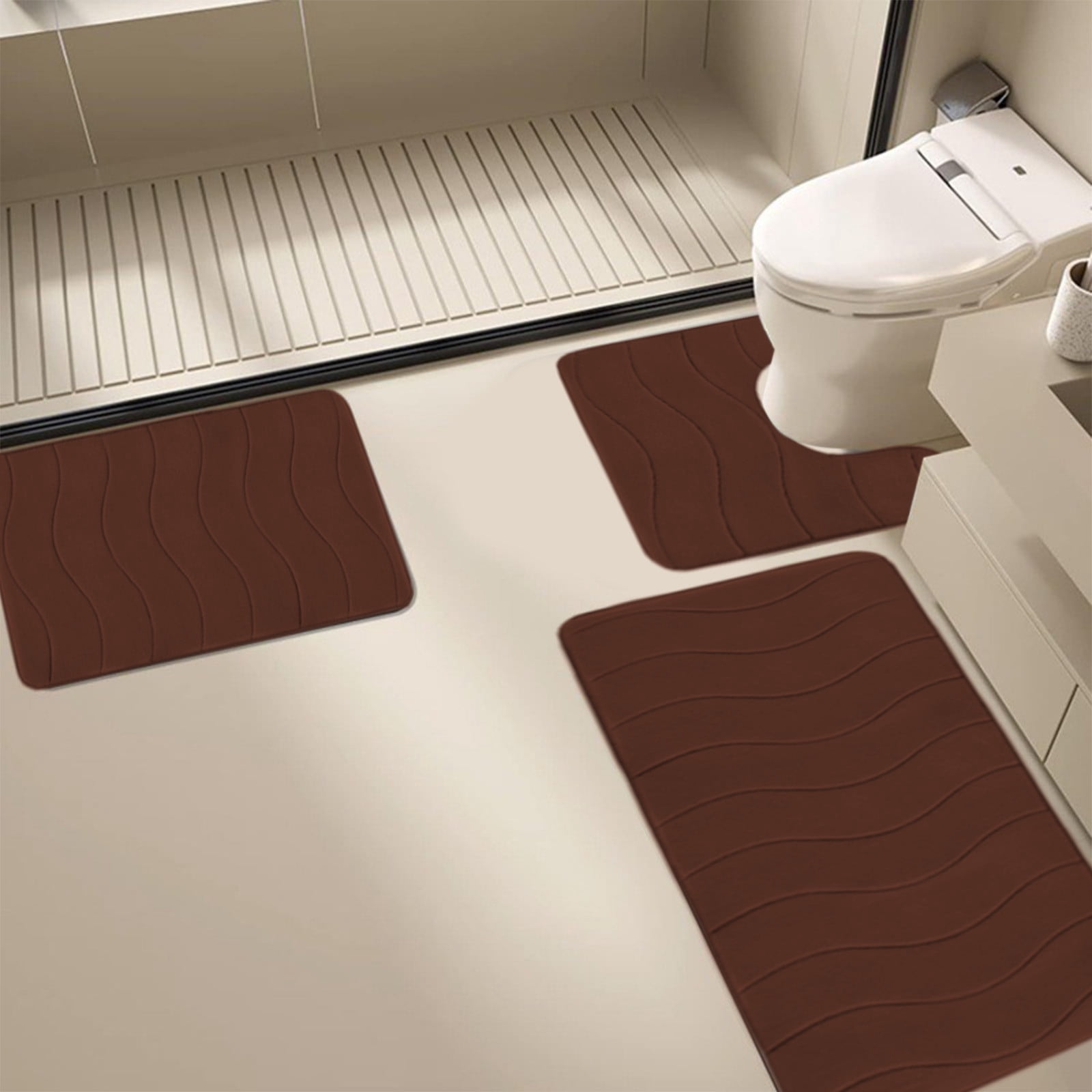 Hiroekza Solid Color Bathroom Rug Set 3 Piece Set - Non-Slip Absorbent Mats - Modern Polyester & Rubber Backing for Bathroom, Bedroom, Household Includes 2 Bathroom Rugs 1 U Shape Rugs Coffee
