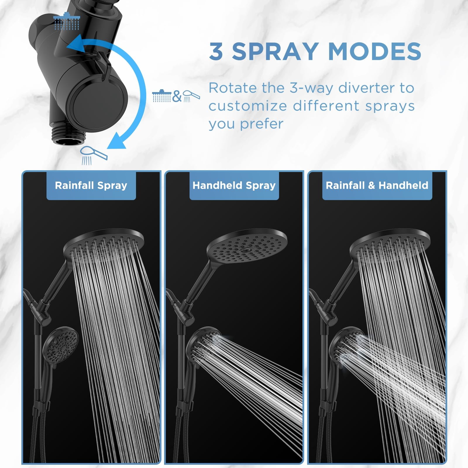 Dual Handheld Shower Head Combo  2-in-1 Rain Heads System 8 Inch Rainfall And 10 Modes High Hand Held Showerhead With Built-in Power Wash