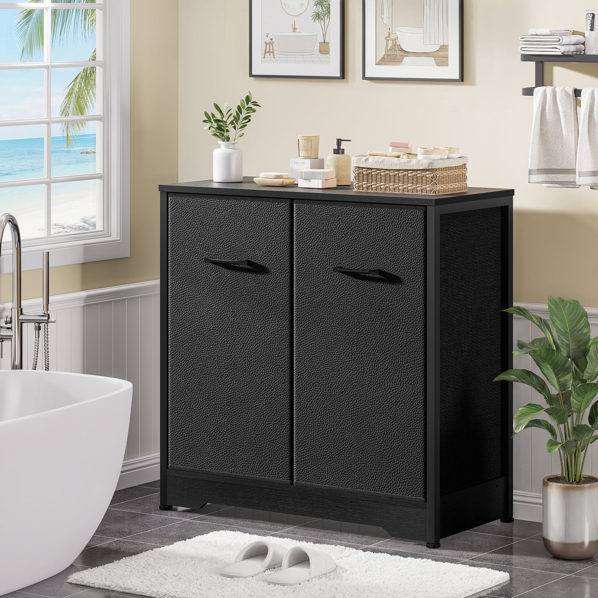 Pull-Out Laundry Sorter Cabinet With Removable Bags, 140L (2x70L) Laundry Hamper With Sturdy Frame & No-Sag Bags For Organized Bedroom, Bathroom, Laundry Room