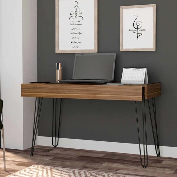 Glass Top Surface, Metal Legs / Writing Desk with One Drawer