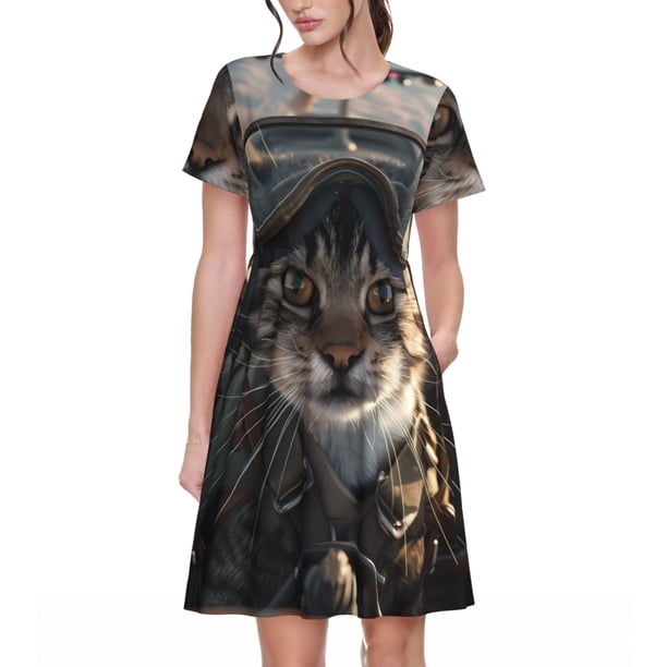 Balery Pilot Cat In Vintage Plane Vestidos sueltos de manga corta para mujer, vestidos de verano 2025, vestidos casuales de corte A con vuelo.