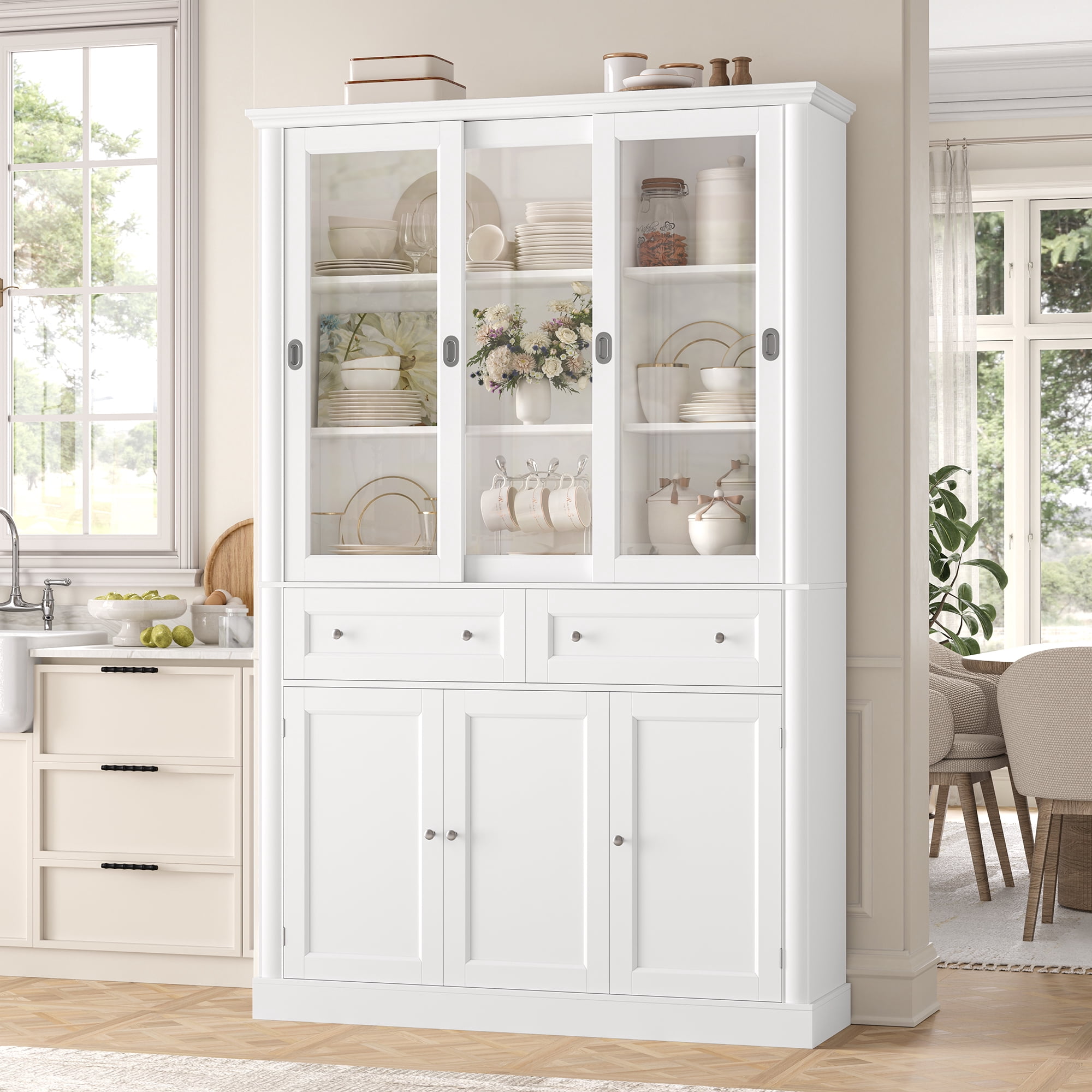 Homfa White Bookcase with Sliding Glass Doors, 73.5" Standard Bookcase with 2 Drawers, 5-tier Freestanding Storage Cabinet for Home Office Living Room