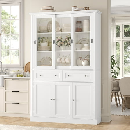 Homfa 73" Kitchen Pantry with Sliding Glass Doors, 2 Drawers Freestanding Cupboard Buffet for Dining Room, White