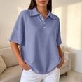 thumbnail image 2 of Yyuenw Women Lapel Collar Half Button Waffle Knit Drop Shoulder Short Sleeve Polo Solid Color Top for Casual Daily, 2 of 7