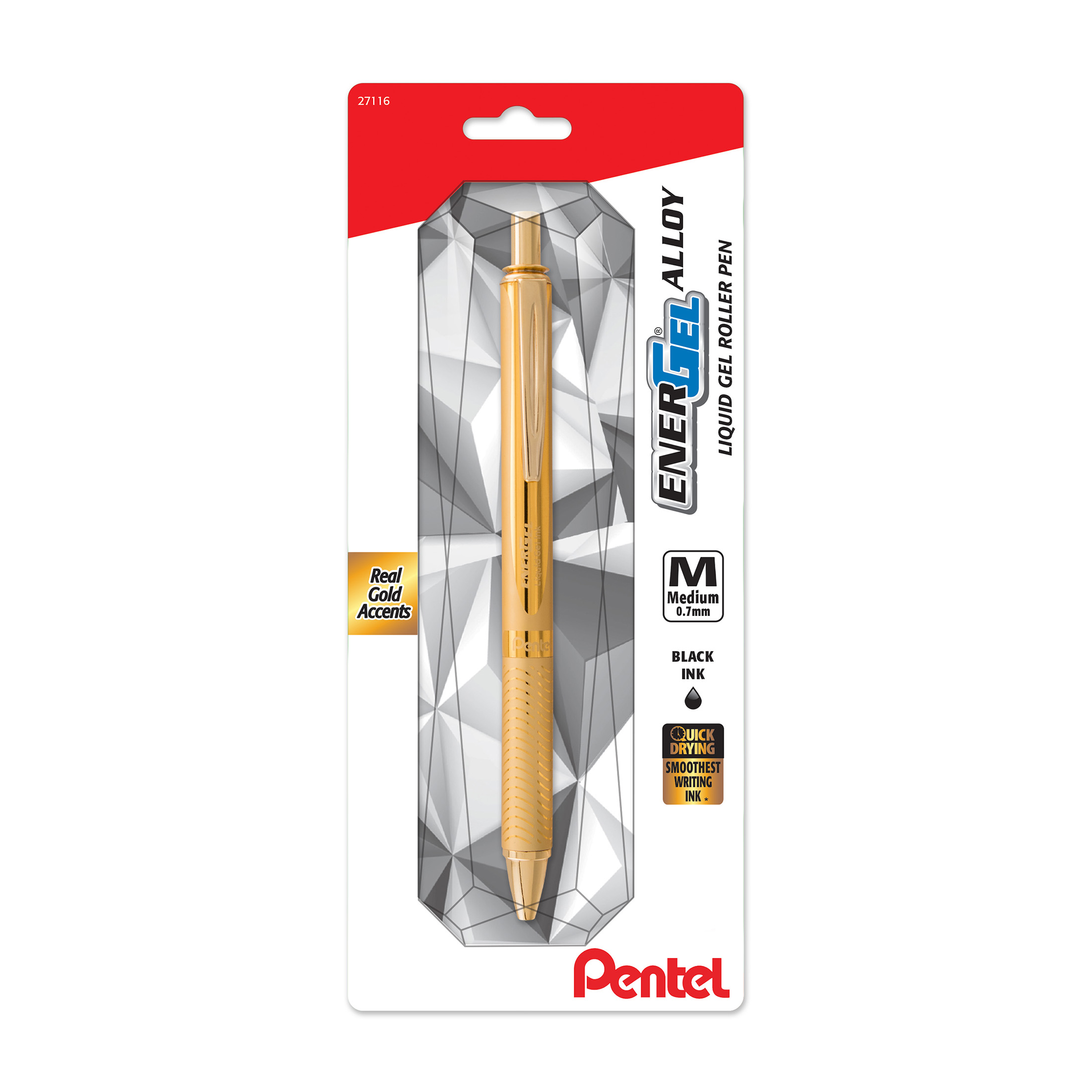 EnerGel Alloy Gold Barrel Premium Retractable Liquid Gel Pen, 0.7mm Medium Line, Black Ink, 1 Pen