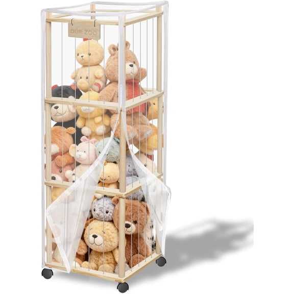 56" Stuffed Animal Storage Organizer w/Wheels - Wooden Plushie Toy Bin, Kids Room Decor, Easy Move & Setup