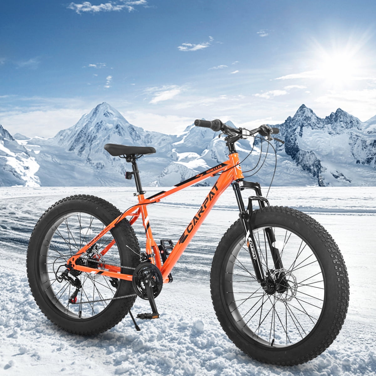 LuckyNote 26 Inch Fat Tire Mountain Bike, Full Shimano 21 Speed, Dual Disc Brake, High-Carbon Steel Frame, Front Suspension, Urban Commuter, Orange