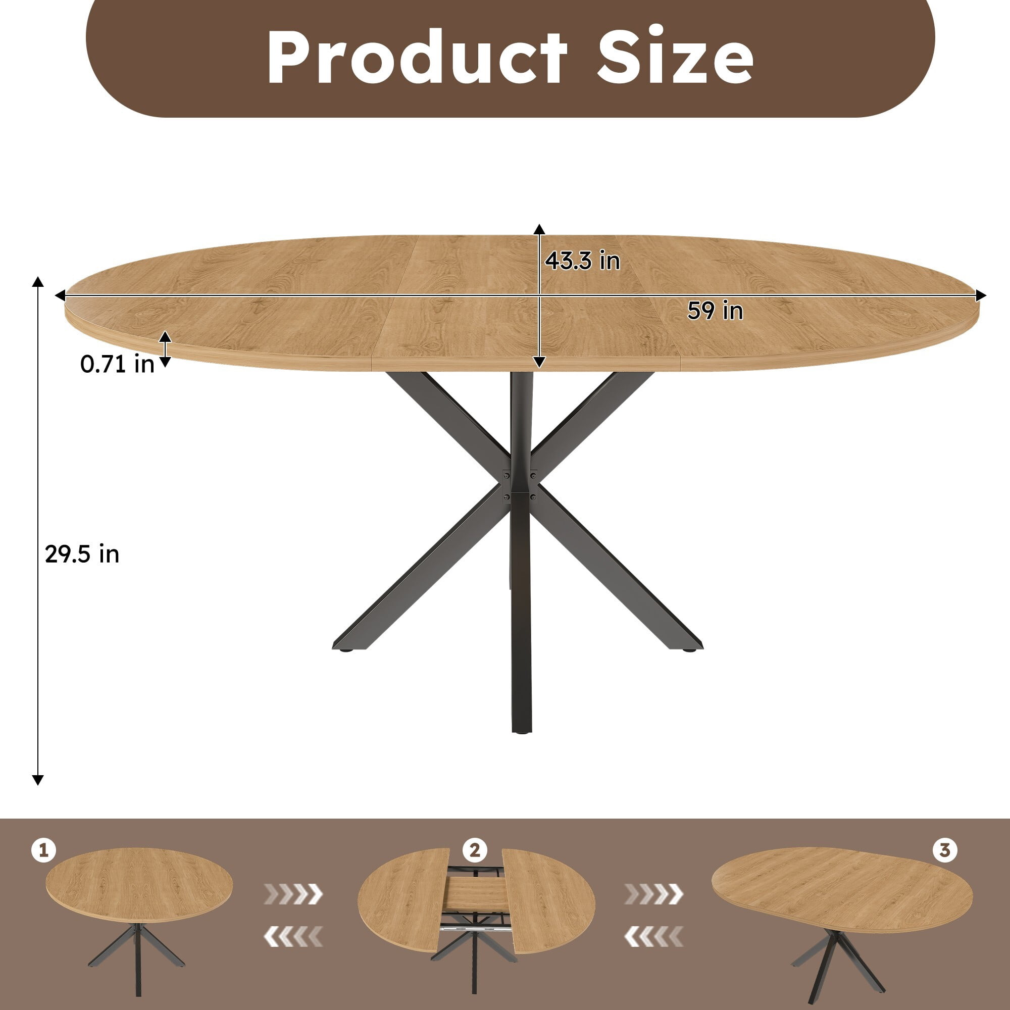 AENKYO 42"-58" Expandable Round Dining Table, Natural Wood Color Top & Black X-Base Pedestal, Seats 4-6