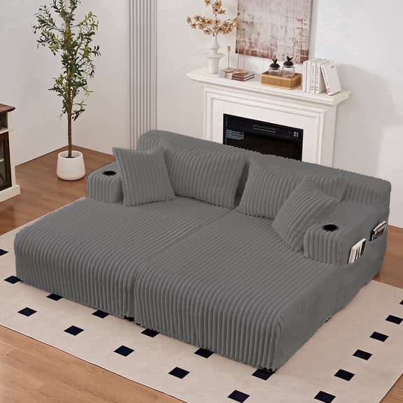 Puremind 85"W Double Chaise Lounge Chair Indoor, Oversized Sectional Corduroy Sofa Bed, Deep Seat Sleeper Loveseat, Cloud Sofa for Living Room/Apartment, Dark Gray