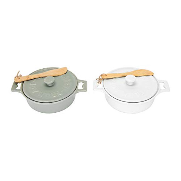 Creative Co-Op Stoneware Brie Bakers with Lids & Wood Spreaders, 7" Round, Set of 2 Colors