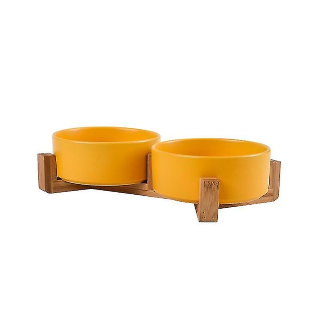 Double Ceramic Cat Dog Bowl With Wood Stand