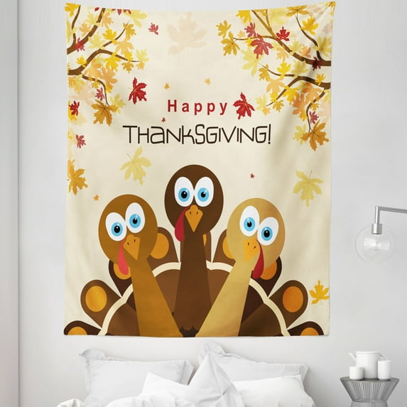 Turkey Tapestry, Happy Thanksgiving Falling Leaves and Poultry Birds Harvest Time Celebration, Fabric Wall Hanging Decor for Bedroom Living Room Dorm, 5 Sizes, Multicolor, by Ambesonne