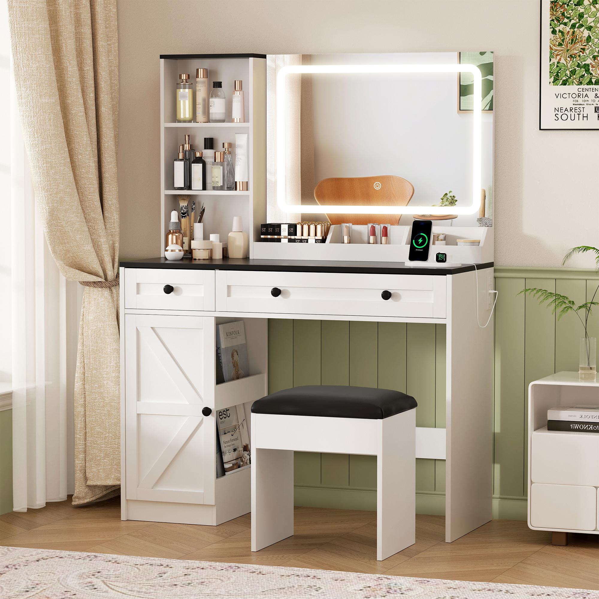 Vabches Vanity Set with Mirror and Lights, Modern Makeup Table with Storage Shelves & Drawers for Bedroom, White