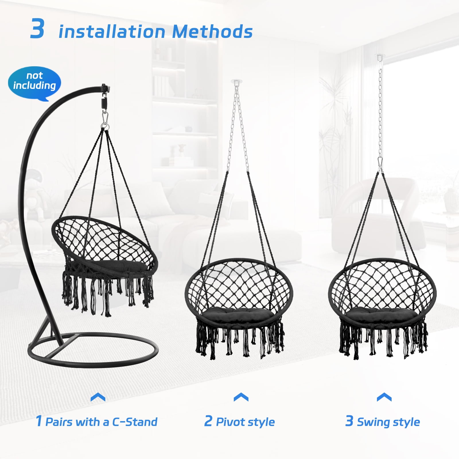 Chair Rope Swing Macrame Hammock, Hanging Cotton Kits - Hand-Woven Rope, Steel Spreader Bar Anti-Slip Rings, Black, Safe, Soft, Durable, for Porch Bedroom