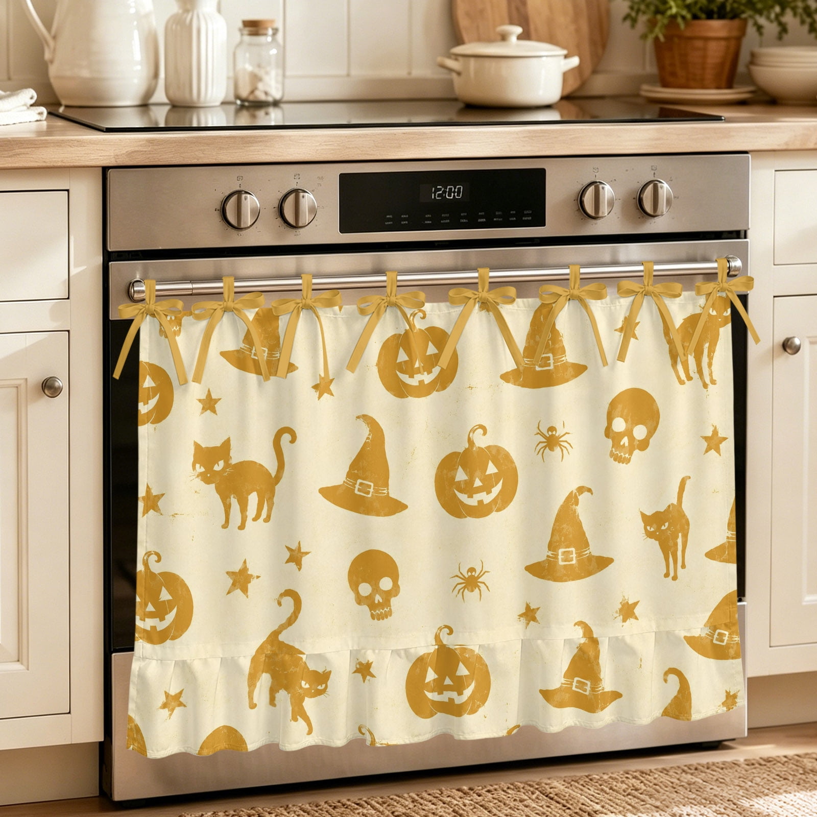 Oven Skirt Curtain for Kitchen 21.5x30 Inch Halloween Oven Curtain with 8 Ribbon Ties & Ruffle Trim Stove Skirt Curtain Dishwasher for Cabinets Over Sinks Orange Skull Cat Hat Stars Classic Spooky