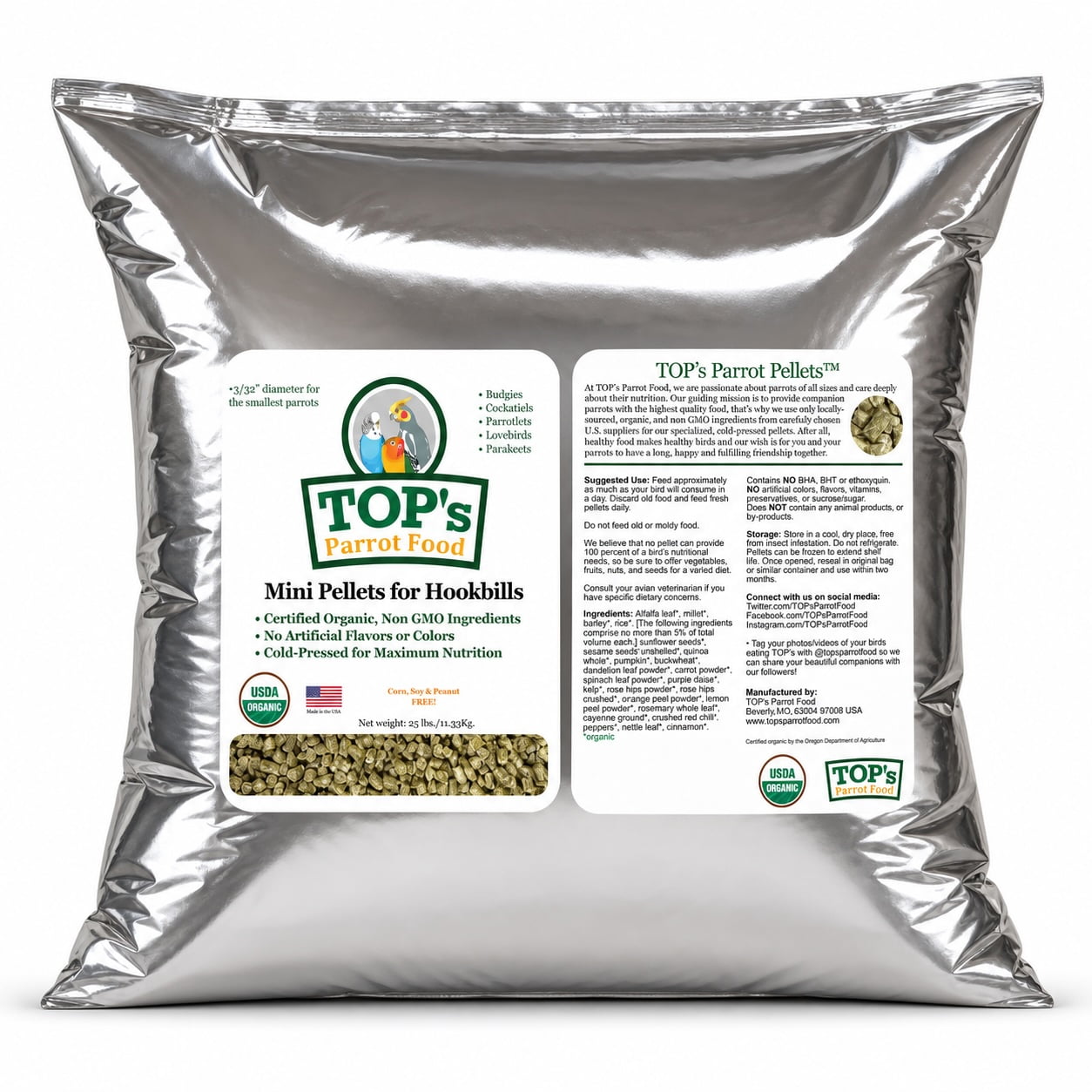 TOP's Parrot Food Mini Pellets Bird Food, Perfect for Budgies Cockatiels Parrotlets Lovebirds Parakeets - Non-GMO, Peanut Soy & Corn Free, USDA Organic Certified