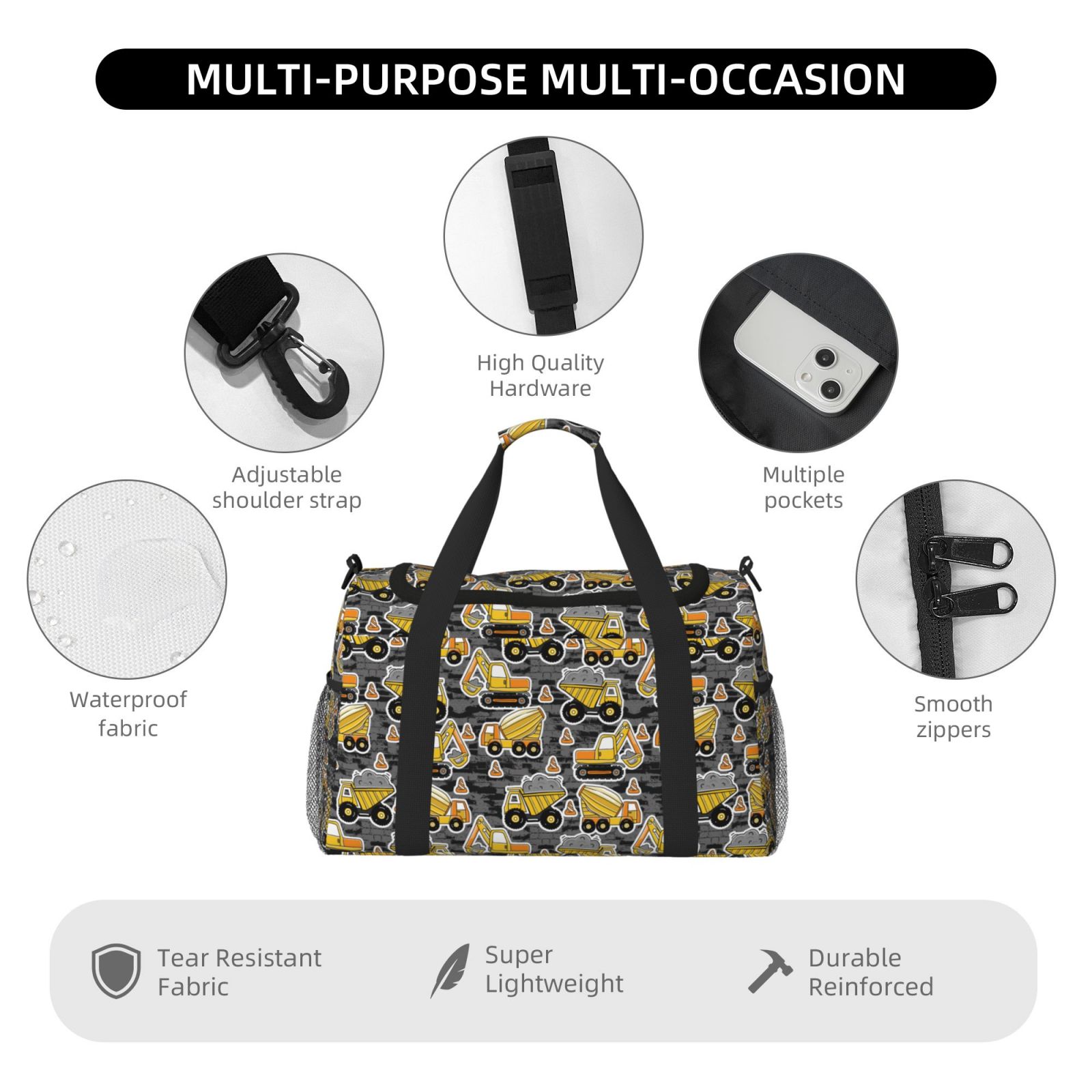 Fuzoiu Excavator At Work Print Travel Duffle Bag,Carry On Tote Bags,Duffel Bag,Sport Gym Bag, Hospital Bag for Labor and Delivery, Overnight Bag,Luggage Bag