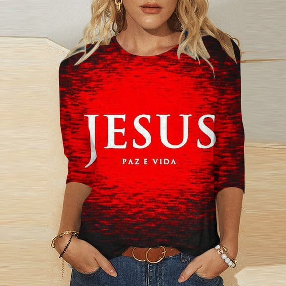 DDAPJ pyju 3/4 Length Sleeve Tops for Women Christian Easter T-shirts Jesus Letter Print Graphic Tees Loose Casual Round Neck Blouses Mid-length Pullover Red M
