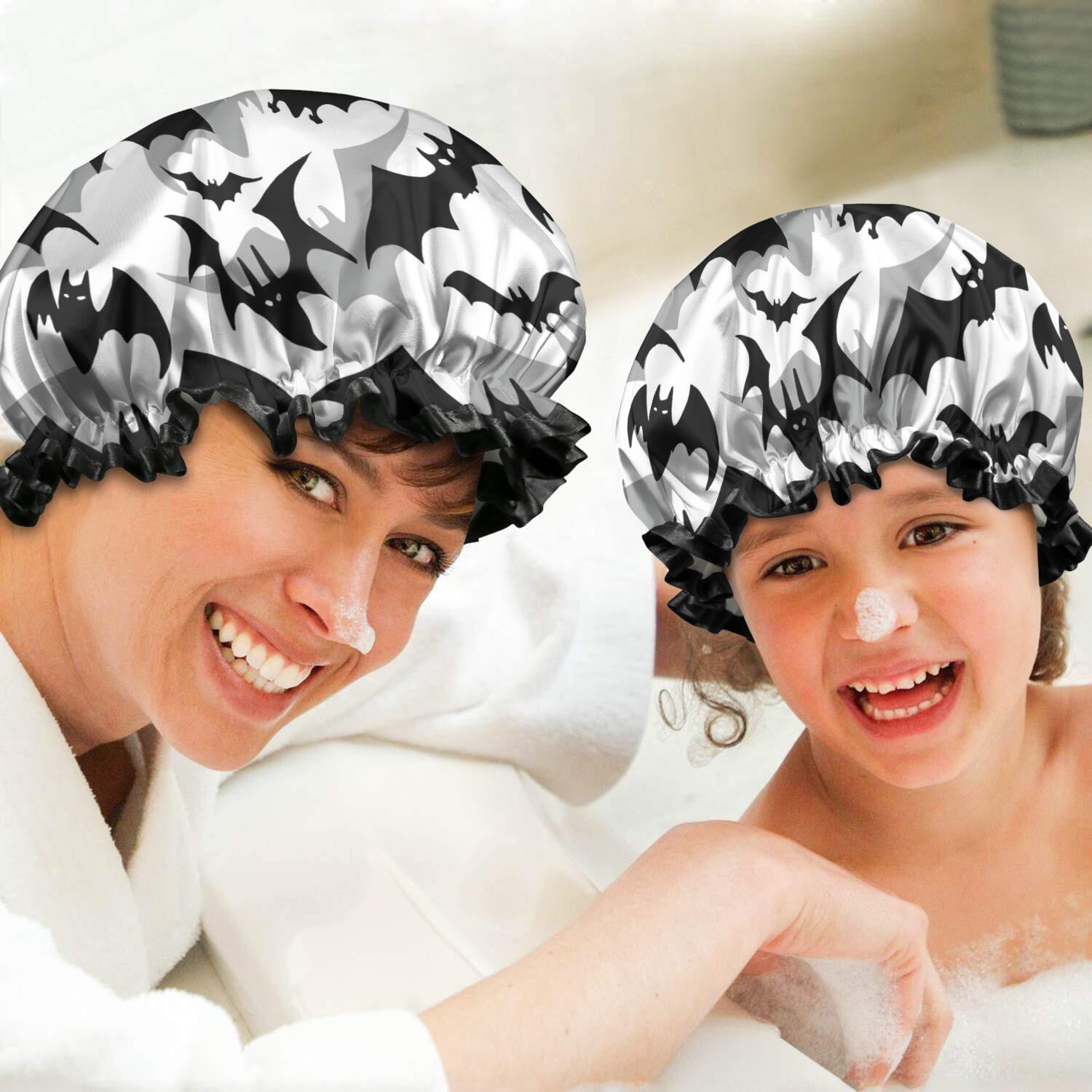 Shower Caps,Black and Gray Halloween Bats Waterproof Shower Cap for Women 4 Pieces,Double Reusable Hair Cover for Shower PEVA Elastic Stretch Hem