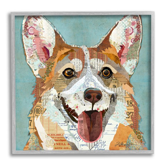 Stupell Industries Vintage Ephemera Corgi Portrait Collage Graphic Art Gray Framed Art Print Wall Art, Design by Traci Anderson
