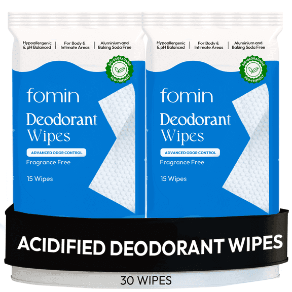 FOMIN Acidified Deodorant Wipes For Women - 30 Count - Fragrance Free – Hypoallergenic, pH Balanced Whole Body Wipes - Plastic-Free, Exfoliating & Advanced Odor Control Underarm Body Wipes